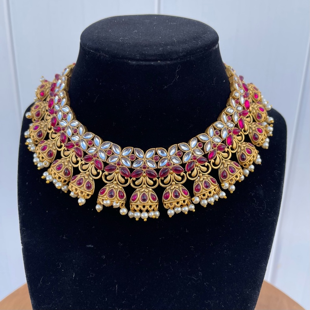 Gold Plated Pink Kundan & Pearl Choker Necklace Set for Women - Picture 4 of 12